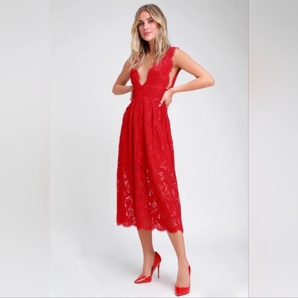 Lulu's Loft Party Red Lace Sleeveless Midi Dress